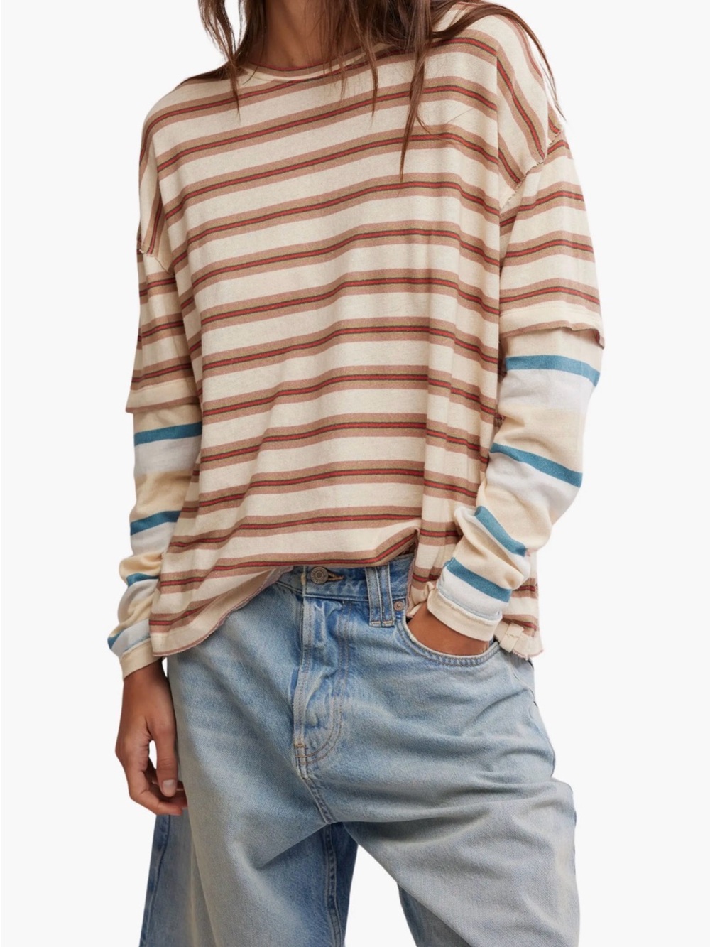 NWOT Free People “We the Free” Nina Stripe Long Sleeve Tee in size XL